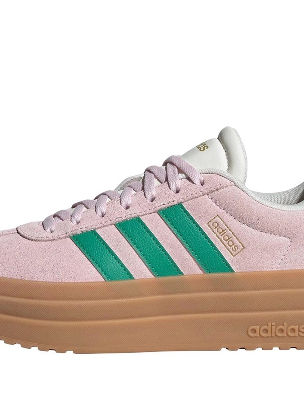 adidas Women's Pink Suede Platform Sneaker with Green Stripes and Tan Sole